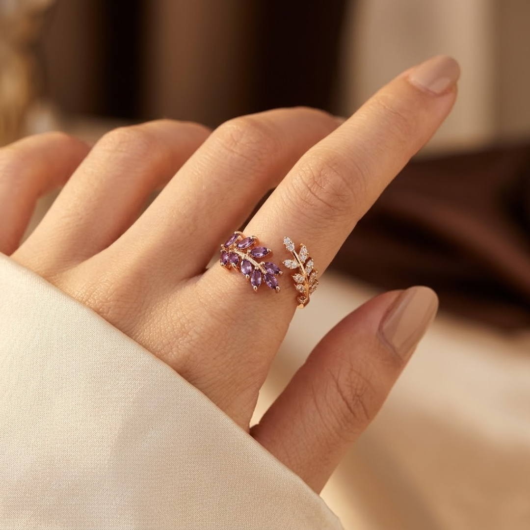 Pierścionek liść z ametystem | Złoto