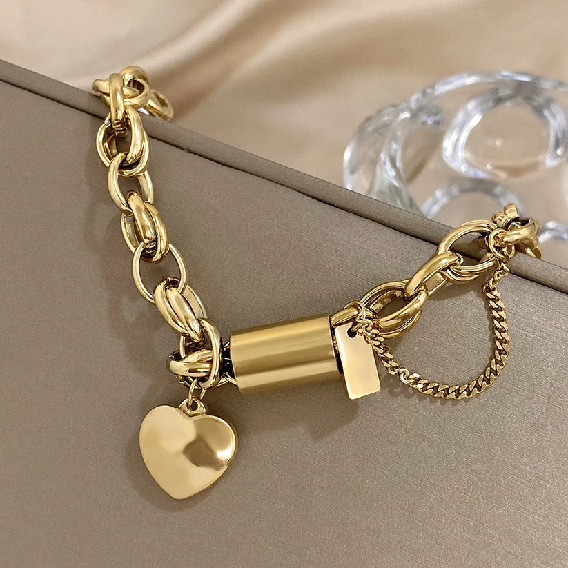 Gruba bransoletka serce | Białe Złoto