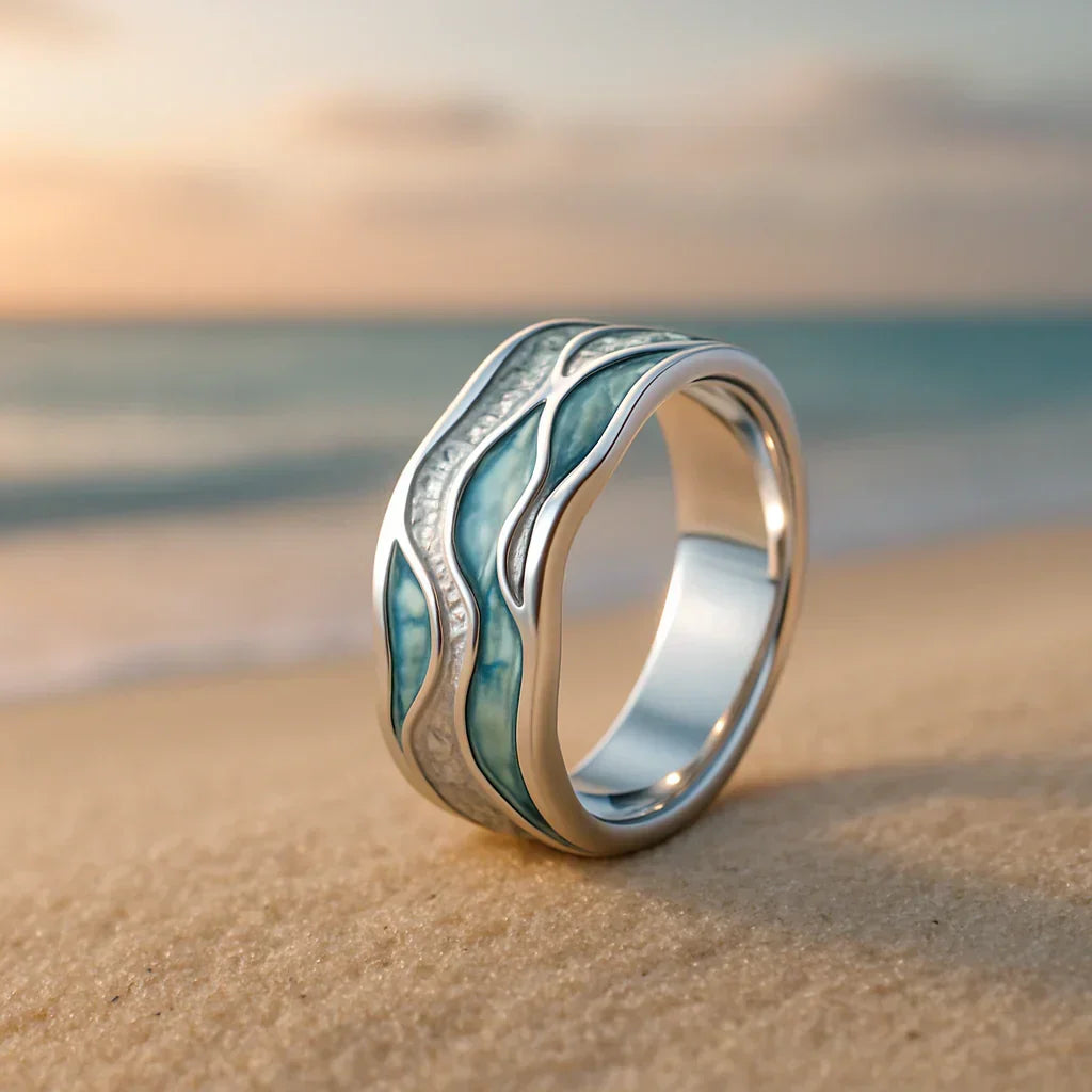 Seasilver pierścionek fale | Białe Złoto